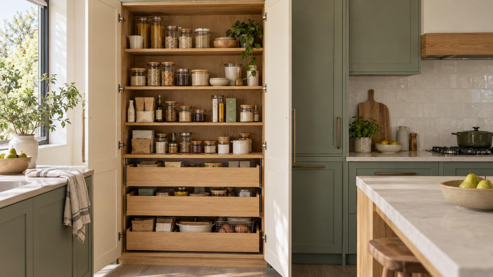 Open custom kitchen pantry cabinet with timber shelves and pull-out drawers, beside eucalyptus-green cabinetry and pale benchtops.