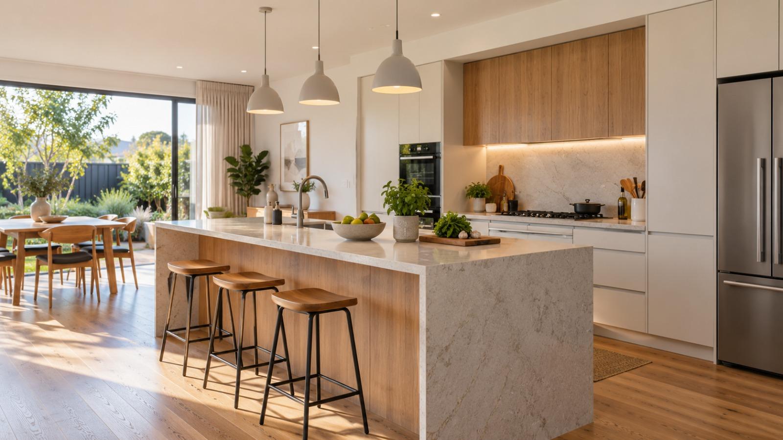 Open-plan Adelaide kitchen with a stone-topped island, timber cabinetry and pendant lighting