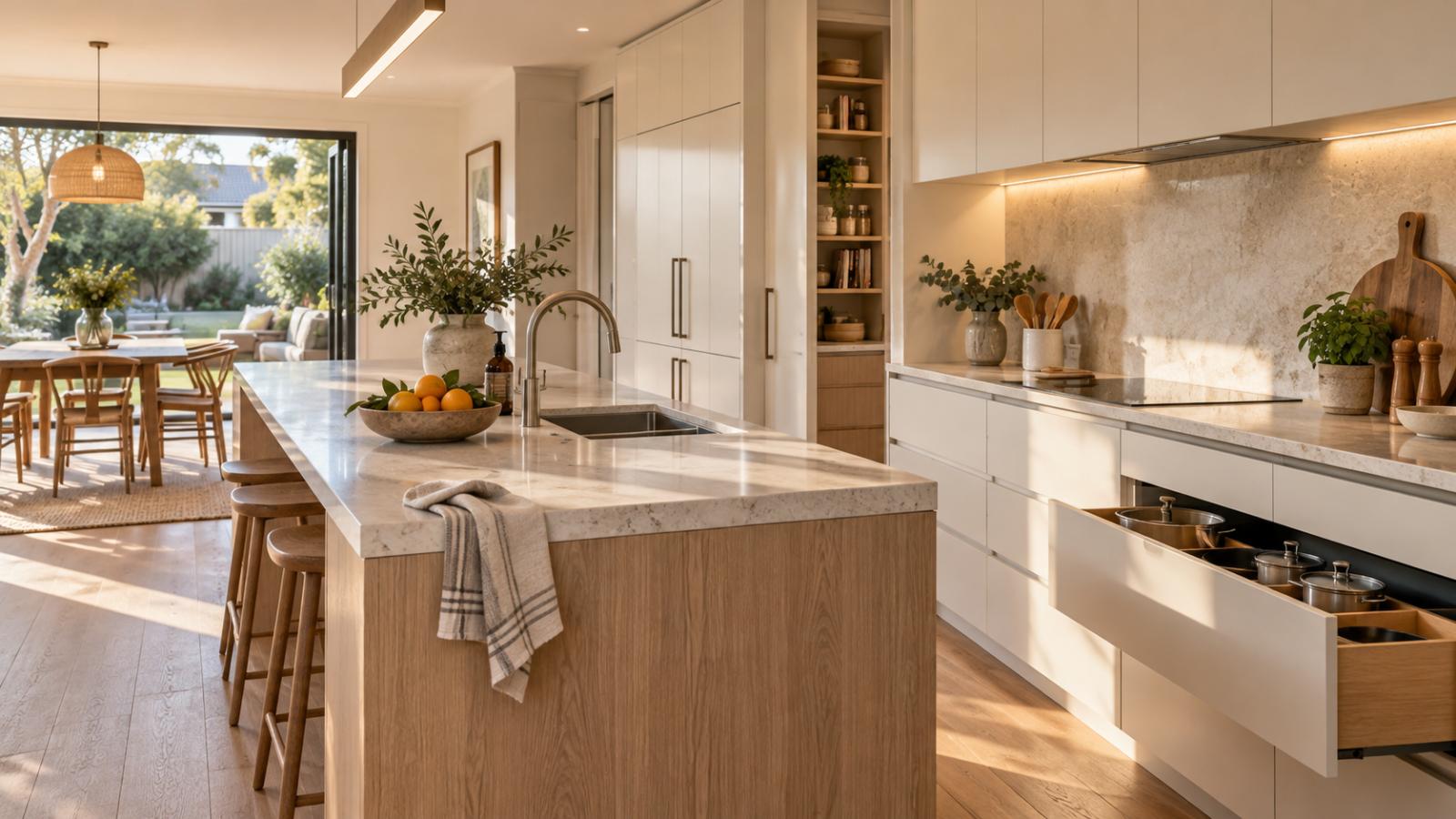 Renovated Adelaide-style kitchen with warm timber cabinetry, island bench and an open drawer showing practical cookware storage.